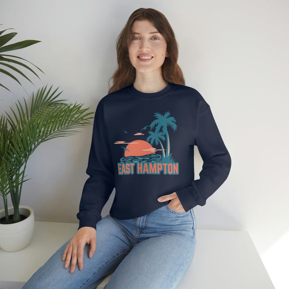 East Hampton, New York Sweatshirt - Unisex Retro Palm Tree Crewneck East Hampton Sweatshirt