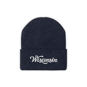 Buy true-navy Wisconsin Beanie - Adult Hand Lettered Embroidered Wisconsin Knit Hat