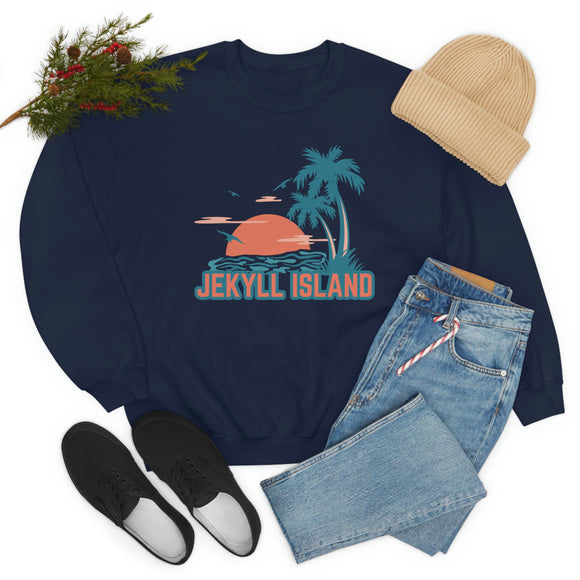 Jekyll Island, Georgia Sweatshirt - Unisex Retro Palm Tree Crewneck Jekyll Island Sweatshirt