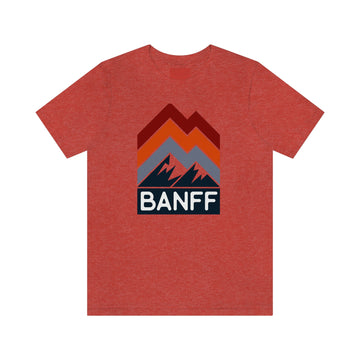 Buy heather-red Banff, Canada T-Shirt - Retro Mountain Unisex Banff Shirt - Chevron Peaks