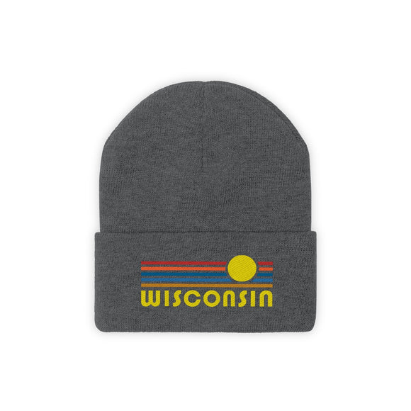 Wisconsin Beanie - Adult Embroidered Retro Sunset Wisconsin Knit Hat