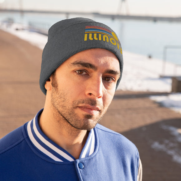 Illinois Beanie - Adult Embroidered Retro Sunset Illinois Knit Hat