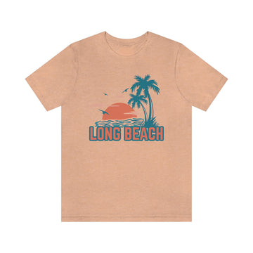 Buy heather-peach Long Beach, California T-Shirt - Retro Palm Tree &amp; Beach Unisex Long Beach Shirt