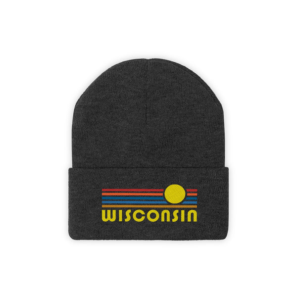 Wisconsin Beanie - Adult Embroidered Retro Sunset Wisconsin Knit Hat