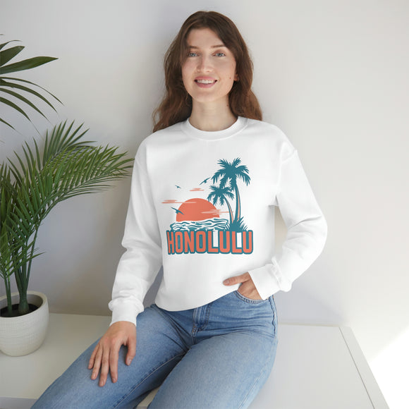 Honolulu, Hawaii Sweatshirt - Unisex Retro Palm Tree Crewneck Honolulu Sweatshirt