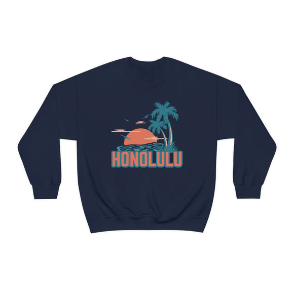 Honolulu, Hawaii Sweatshirt - Unisex Retro Palm Tree Crewneck Honolulu Sweatshirt
