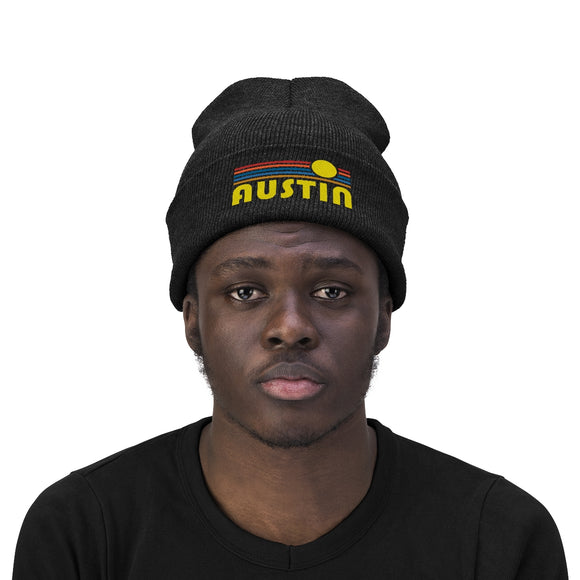 Austin, Texas Beanie - Adult Embroidered Retro Sunset Austin Knit Hat