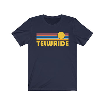 Buy navy Telluride, Colorado T-Shirt - Retro Sunrise Adult Unisex Telluride T Shirt