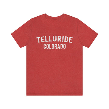 Buy heather-red Telluride, Colorado Shirt - Paint Text Unisex Telluride T-Shirt