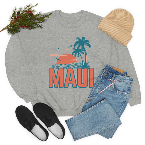 Maui, Hawaii Sweatshirt - Unisex Retro Palm Tree Crewneck Maui Sweatshirt