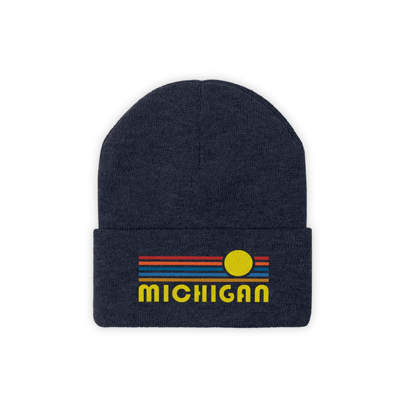 Michigan Beanie - Adult Embroidered Retro Sunset Michigan Knit Hat