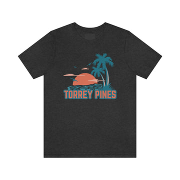Buy dark-grey-heather Torrey Pines, California T-Shirt - Retro Palm Tree &amp; Beach Unisex Torrey Pines Shirt - Palm Stripe Sunset