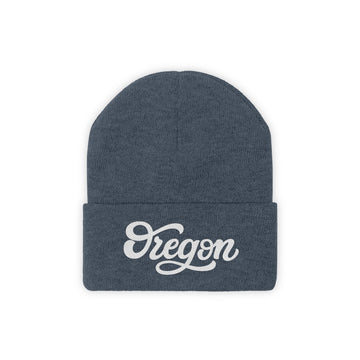 Buy millennium-blue Oregon Beanie - Adult Hand Lettered Embroidered Oregon Knit Hat