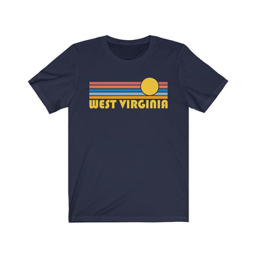 Buy navy West Virginia T-Shirt - Retro Sunrise Adult Unisex West Virginia T Shirt