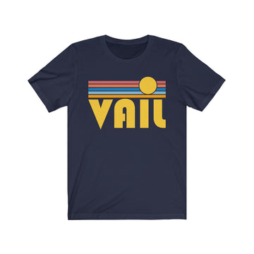 Buy navy Vail, Colorado T-Shirt - Retro Sunrise Adult Unisex Vail T Shirt