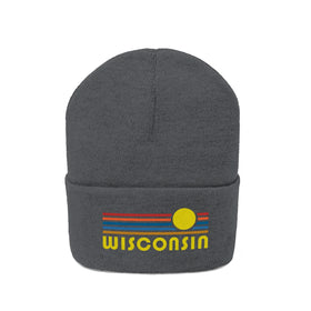 Wisconsin Beanie - Adult Embroidered Retro Sunset Wisconsin Knit Hat