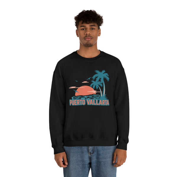 Puerto Vallarta, Mexico Sweatshirt - Unisex Retro Palm Tree Crewneck Puerto Vallarta Sweatshirt