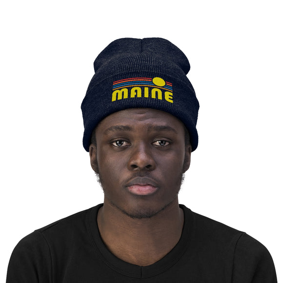 Maine Beanie - Adult Embroidered Retro Sunset Maine Knit Hat