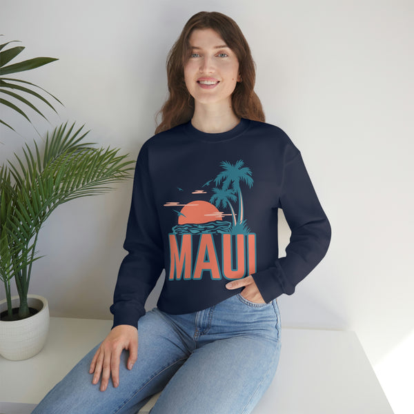 Maui, Hawaii Sweatshirt - Unisex Retro Palm Tree Crewneck Maui Sweatshirt