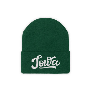 Buy hunter-green Iowa Beanie - Adult Hand Lettered Embroidered Iowa Knit Hat