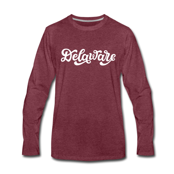 Delaware Long Sleeve T-Shirt - Hand Lettered Unisex Delaware Long Sleeve Shirt - heather burgundy