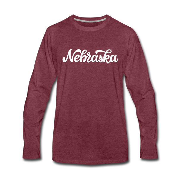 Nebraska Long Sleeve T-Shirt - Hand Lettered Unisex Nebraska Long Sleeve Shirt - heather burgundy