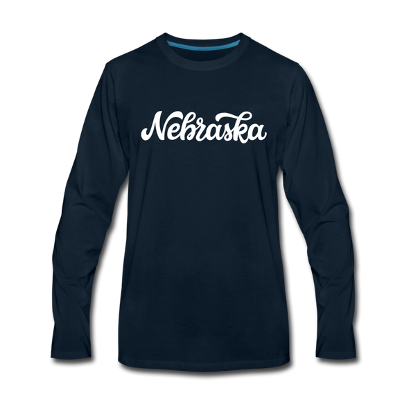 Nebraska Long Sleeve T-Shirt - Hand Lettered Unisex Nebraska Long Sleeve Shirt - deep navy
