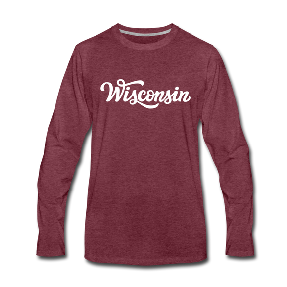 Wisconsin Long Sleeve T-Shirt - Hand Lettered Unisex Wisconsin Long Sleeve Shirt - heather burgundy