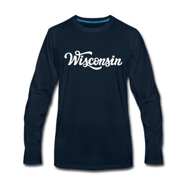 Wisconsin Long Sleeve T-Shirt - Hand Lettered Unisex Wisconsin Long Sleeve Shirt - deep navy