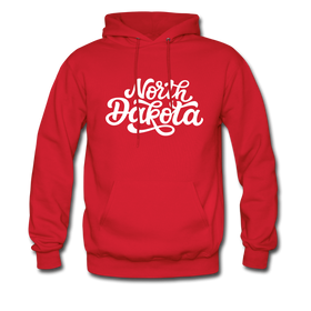 North Dakota Hoodie - Hand Lettered Unisex North Dakota Hooded Sweatshirt - red