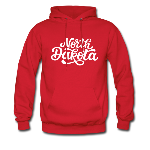 North Dakota Hoodie - Hand Lettered Unisex North Dakota Hooded Sweatshirt - red