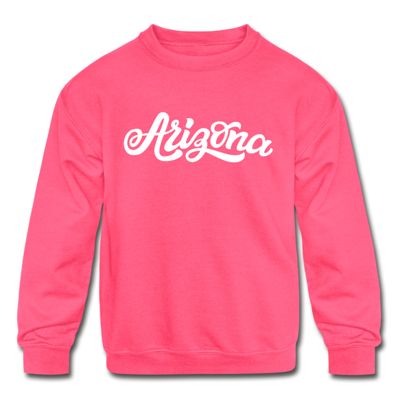 Arizona Youth Sweatshirt - Hand Lettered Youth Arizona Crewneck Sweatshirt - neon pink