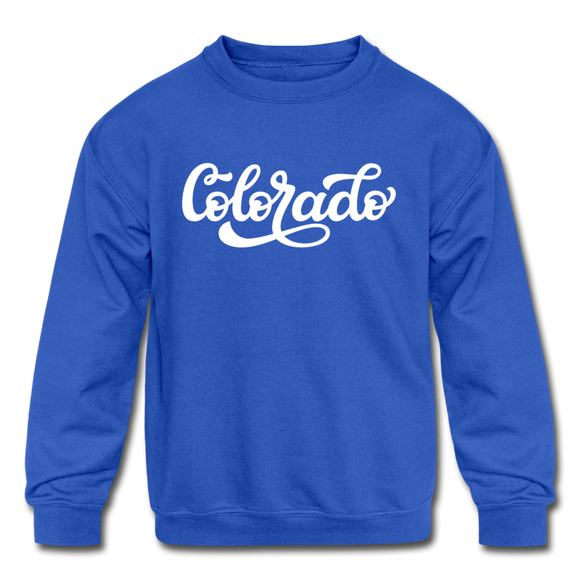 Colorado Youth Sweatshirt - Hand Lettered Youth Colorado Crewneck Sweatshirt - royal blue