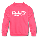 Colorado Youth Sweatshirt - Hand Lettered Youth Colorado Crewneck Sweatshirt - neon pink