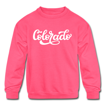 Colorado Youth Sweatshirt - Hand Lettered Youth Colorado Crewneck Sweatshirt - neon pink