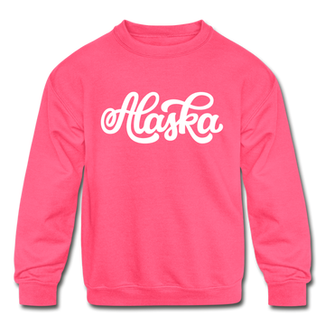 Alaska Youth Sweatshirt - Hand Lettered Youth Alaska Crewneck Sweatshirt - neon pink