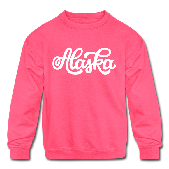 Alaska Youth Sweatshirt - Hand Lettered Youth Alaska Crewneck Sweatshirt - neon pink