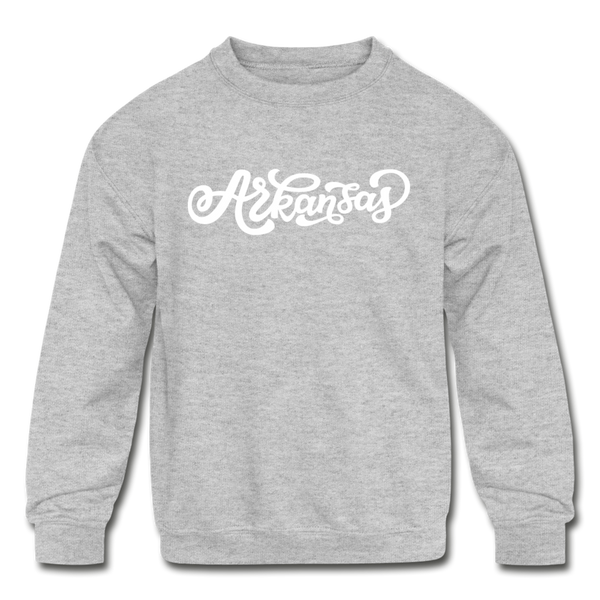 Arkansas Youth Sweatshirt - Hand Lettered Youth Arkansas Crewneck Sweatshirt - heather gray