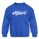 Arkansas Youth Sweatshirt - Hand Lettered Youth Arkansas Crewneck Sweatshirt - royal blue