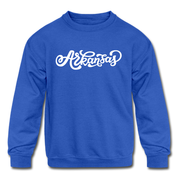 Arkansas Youth Sweatshirt - Hand Lettered Youth Arkansas Crewneck Sweatshirt - royal blue