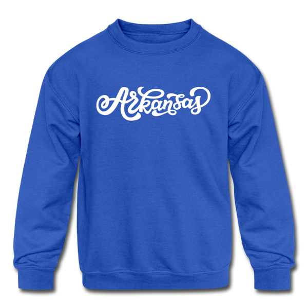 Arkansas Youth Sweatshirt - Hand Lettered Youth Arkansas Crewneck Sweatshirt - royal blue