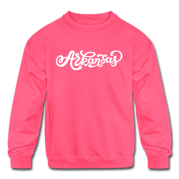 Arkansas Youth Sweatshirt - Hand Lettered Youth Arkansas Crewneck Sweatshirt - neon pink
