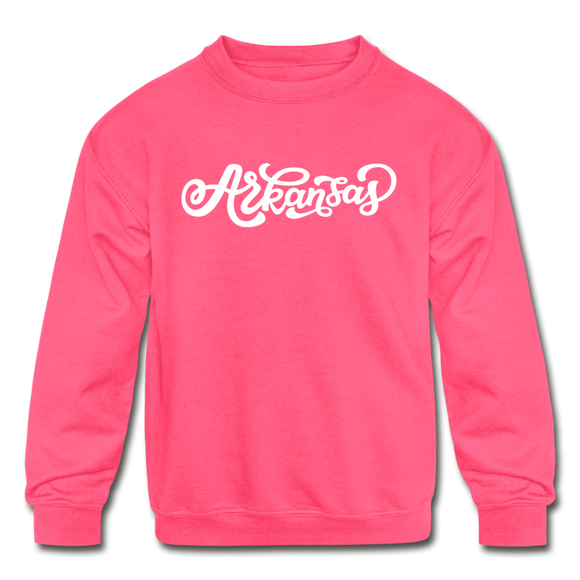 Arkansas Youth Sweatshirt - Hand Lettered Youth Arkansas Crewneck Sweatshirt - neon pink