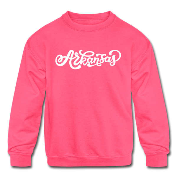 Arkansas Youth Sweatshirt - Hand Lettered Youth Arkansas Crewneck Sweatshirt - neon pink