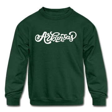 Arkansas Youth Sweatshirt - Hand Lettered Youth Arkansas Crewneck Sweatshirt - forest green