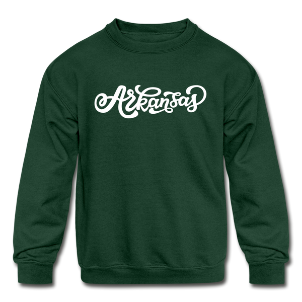 Arkansas Youth Sweatshirt - Hand Lettered Youth Arkansas Crewneck Sweatshirt - forest green