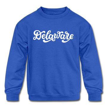 Delaware Youth Sweatshirt - Hand Lettered Youth Delaware Crewneck Sweatshirt - royal blue
