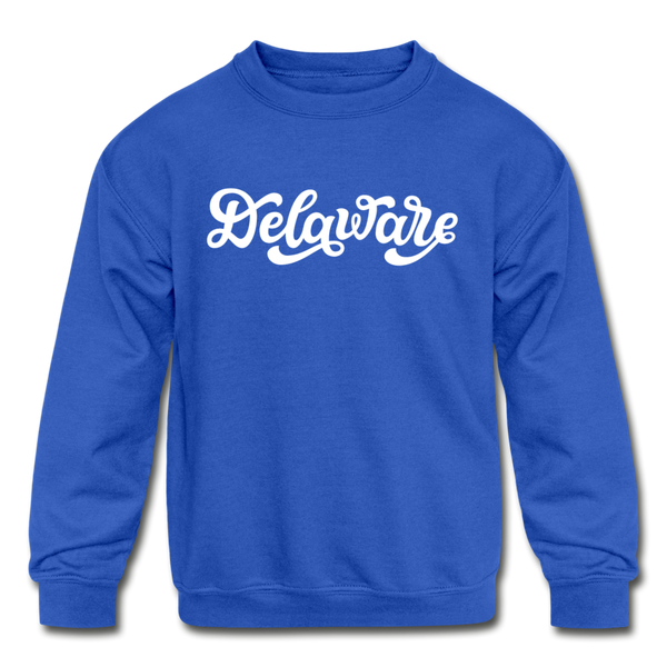 Delaware Youth Sweatshirt - Hand Lettered Youth Delaware Crewneck Sweatshirt - royal blue