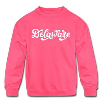 Delaware Youth Sweatshirt - Hand Lettered Youth Delaware Crewneck Sweatshirt - neon pink