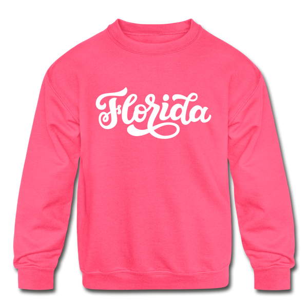 Florida Youth Sweatshirt - Hand Lettered Youth Florida Crewneck Sweatshirt - neon pink